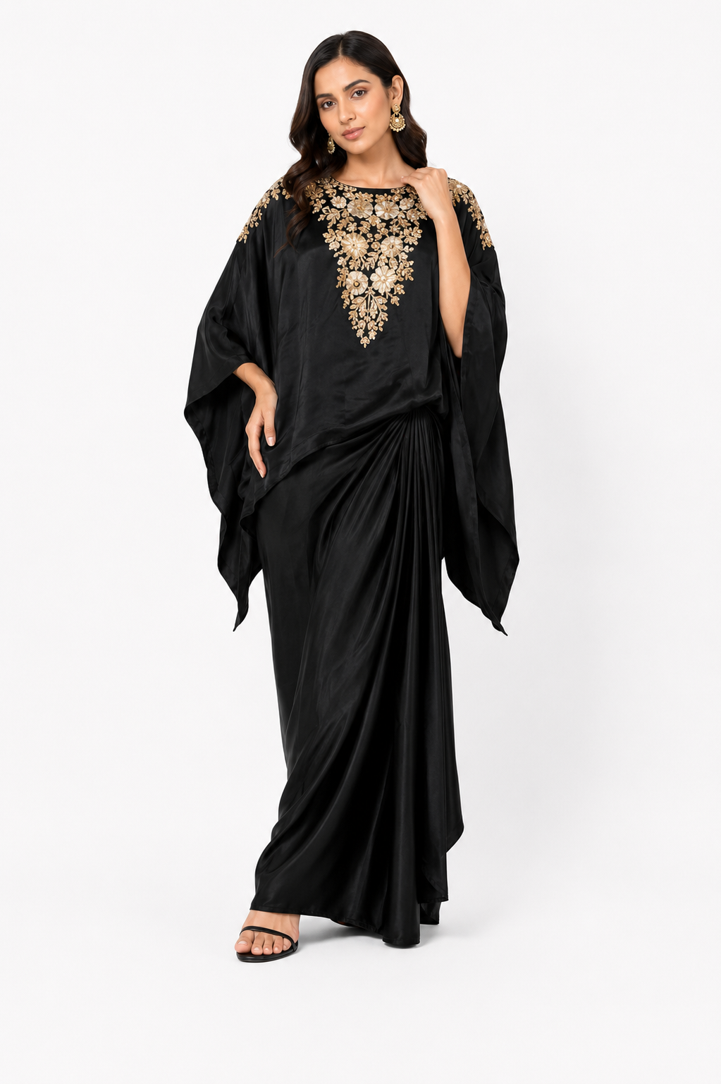 Luxury Black Satin Kaftan Maxi Dress with Gold Embroidery