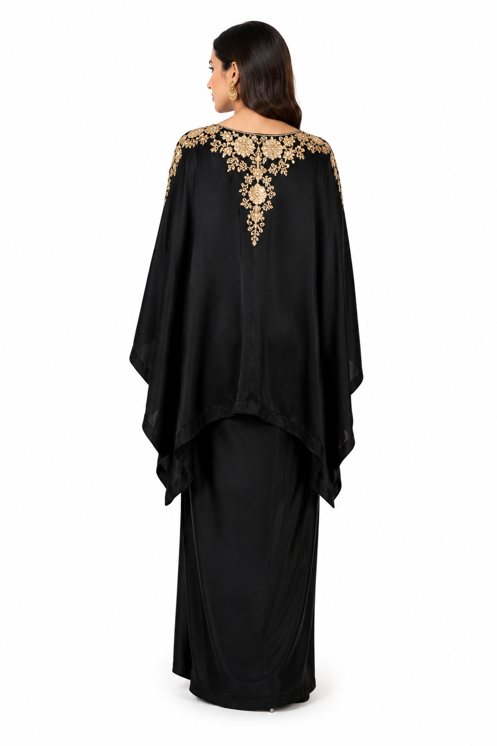 Luxury Black Satin Kaftan Maxi Dress with Gold Embroidery