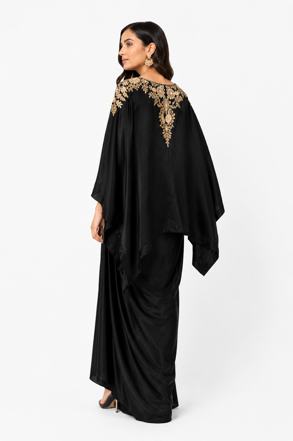 Luxury Black Satin Kaftan Maxi Dress with Gold Embroidery