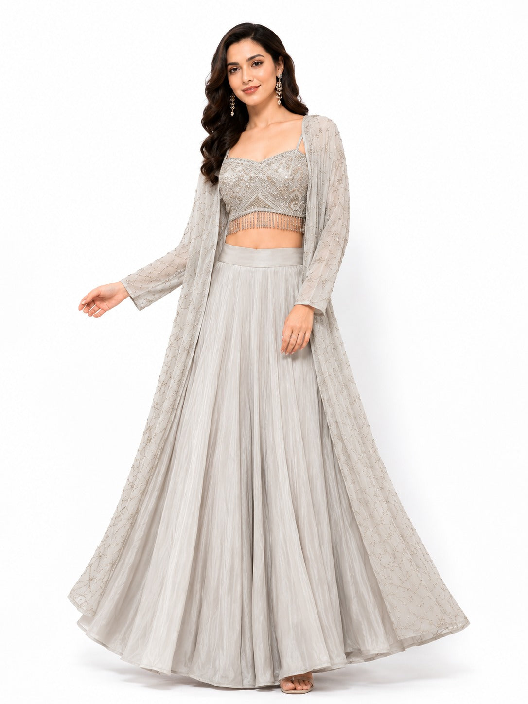 Silver Grey Embellished Lehenga Set with Sequined Blouse & Sheer Long Jacket