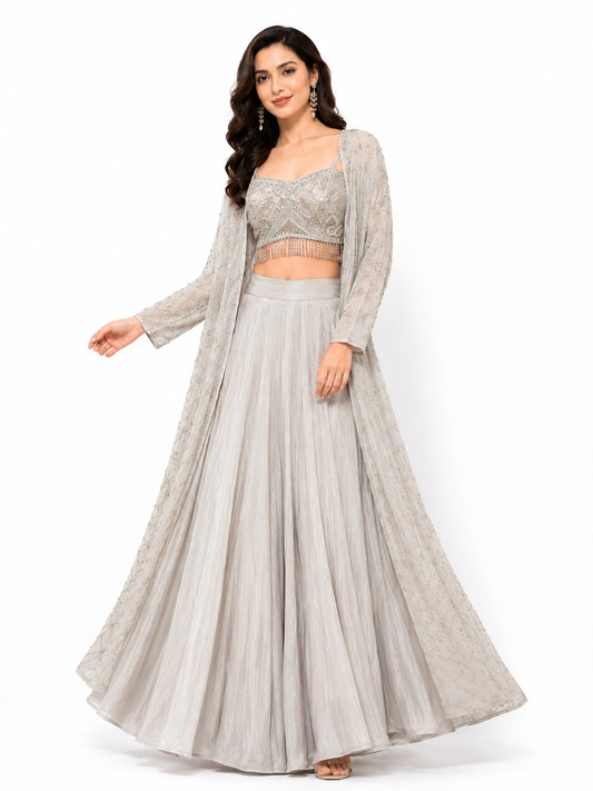 Silver Grey Embellished Lehenga Set with Sequined Blouse & Sheer Long Jacket
