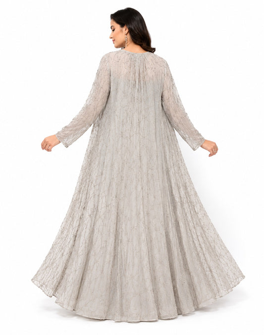 Silver Grey Embellished Lehenga Set with Sequined Blouse & Sheer Long Jacket