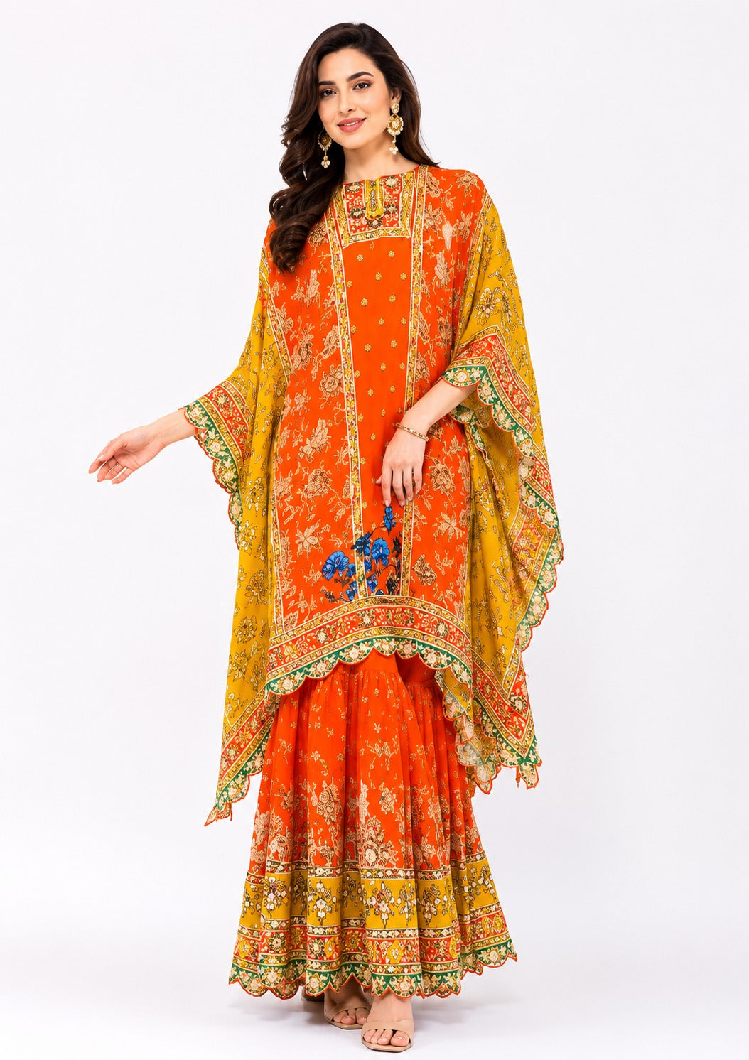 Orange & Mustard Printed Kaftan Style Kurti with Farshi Gharara Set for Women