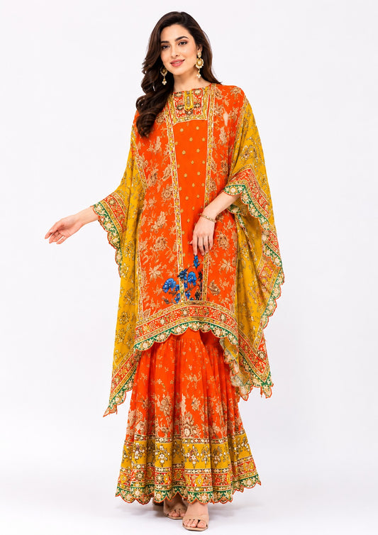Orange & Mustard Printed Kaftan Style Kurti with Farshi Gharara Set for Women