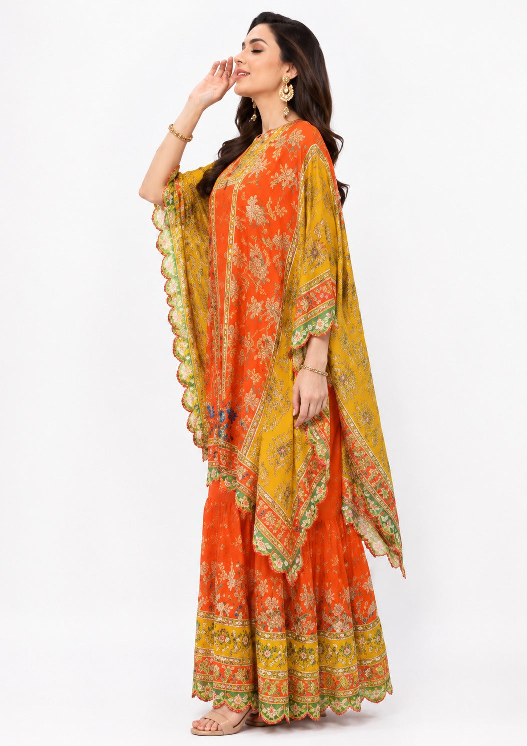 Orange & Mustard Printed Kaftan Style Kurti with Farshi Gharara Set for Women