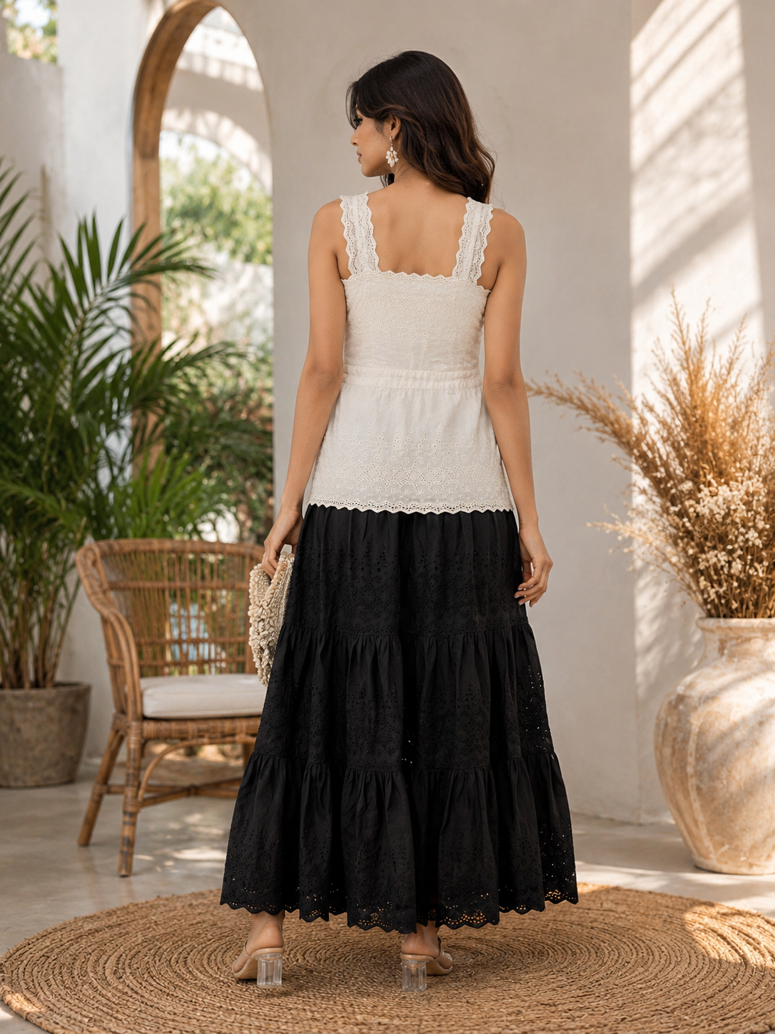 LA QAYARA Women's White & Black Cotton Schiffli Maxi Dress | Sleeveless Tiered Summer Dress