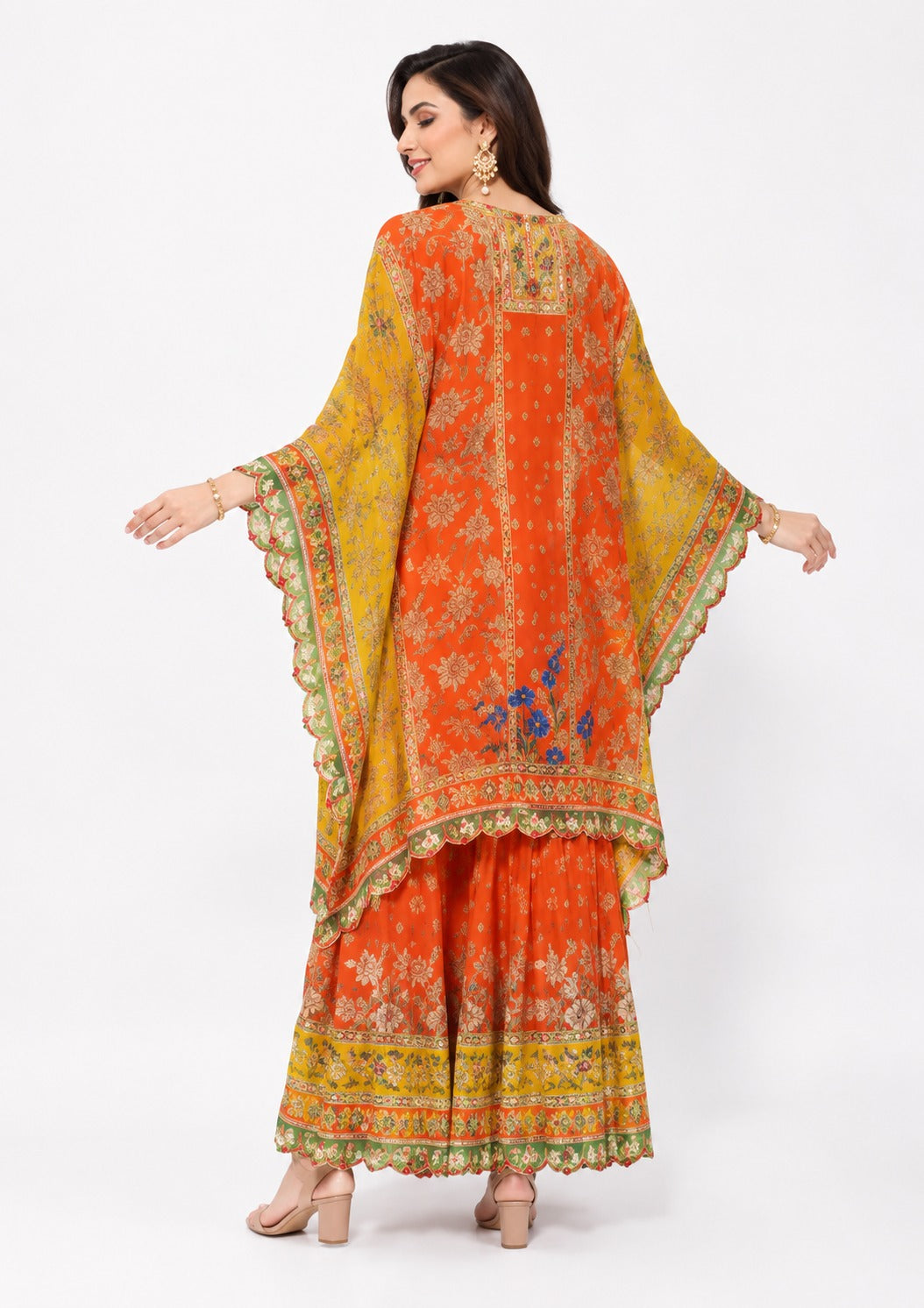 Orange & Mustard Printed Kaftan Style Kurti with Farshi Gharara Set for Women
