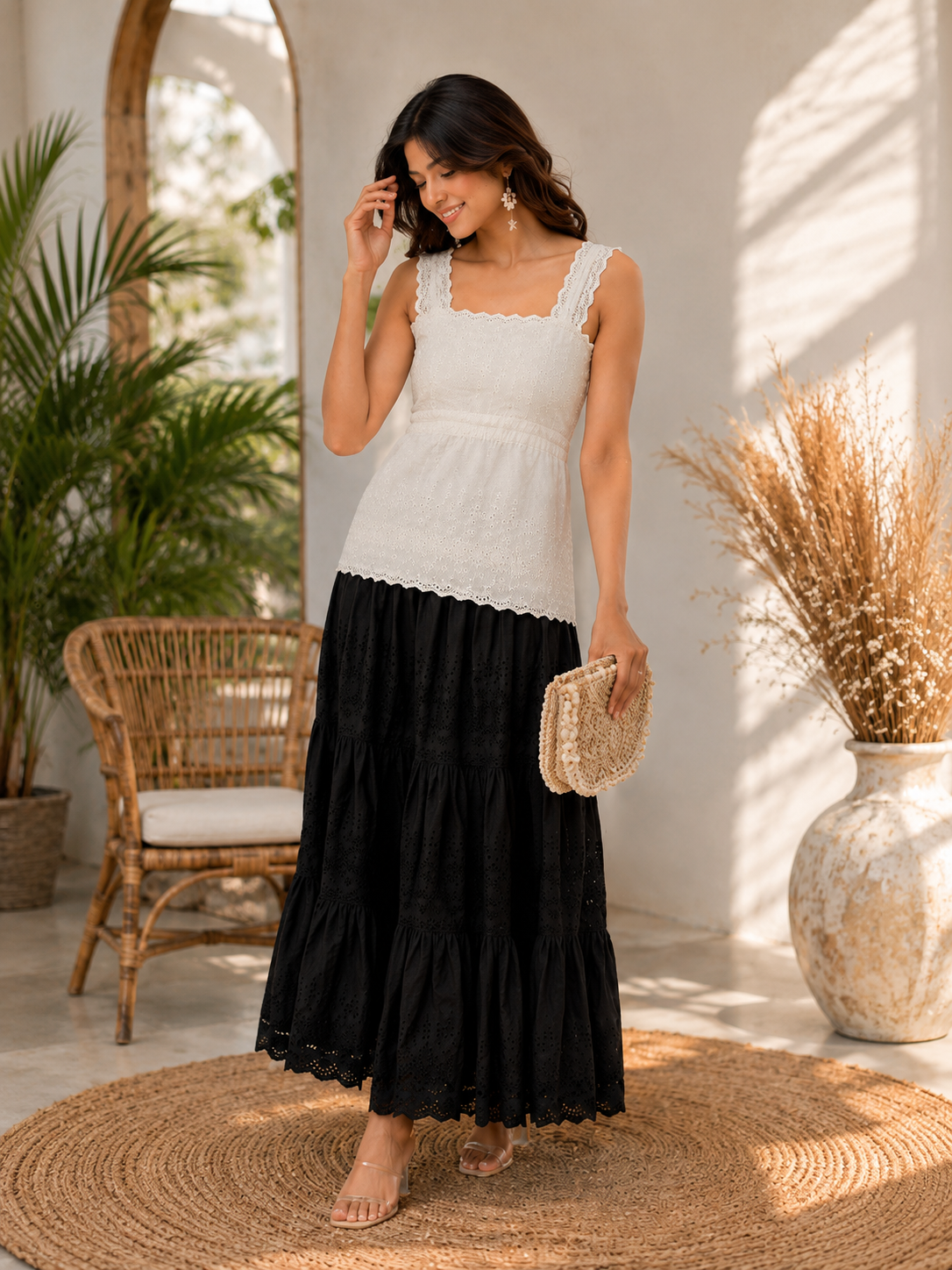 LA QAYARA Women's White & Black Cotton Schiffli Maxi Dress | Sleeveless Tiered Summer Dress