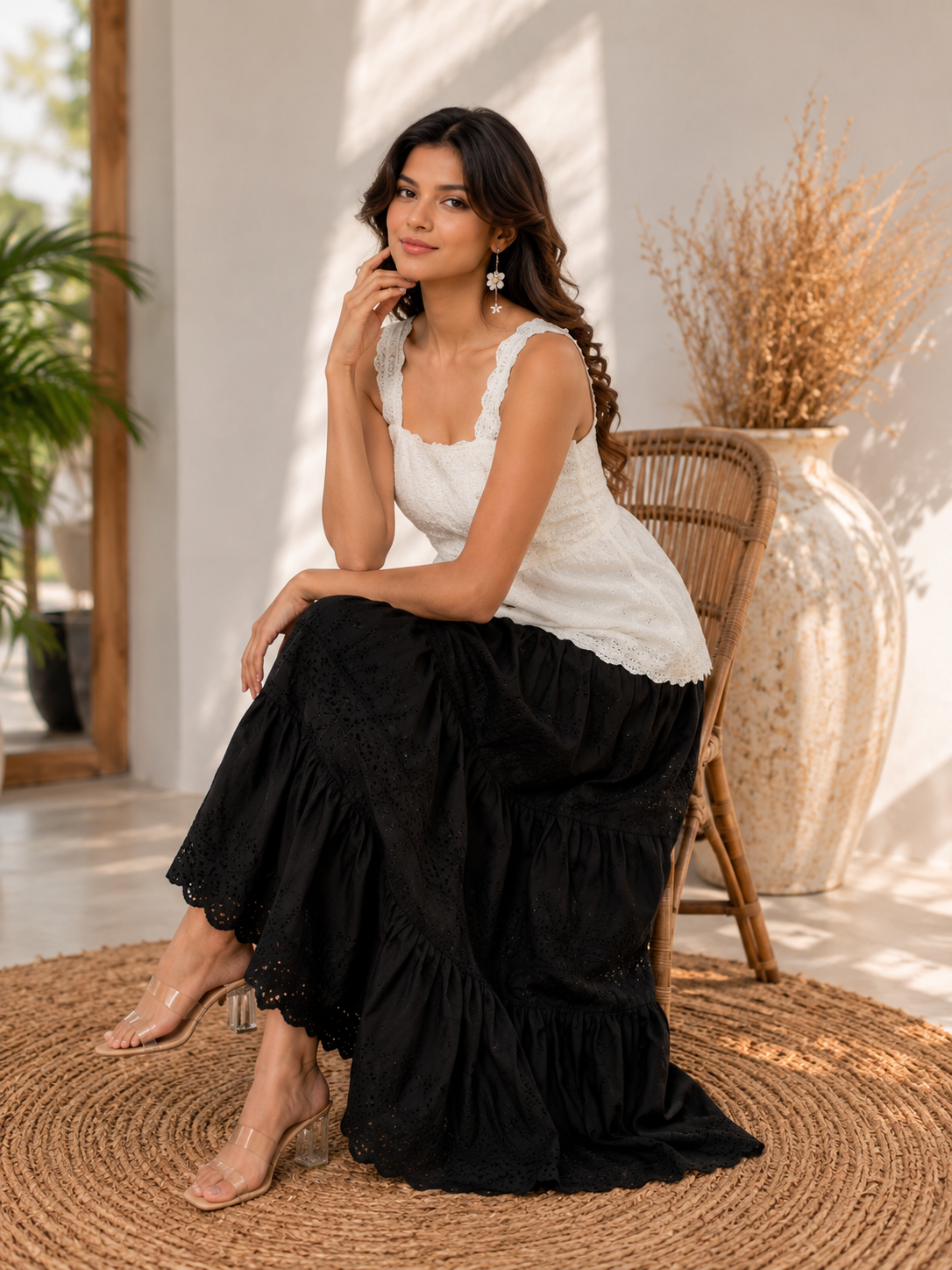 LA QAYARA Women's White & Black Cotton Schiffli Maxi Dress | Sleeveless Tiered Summer Dress