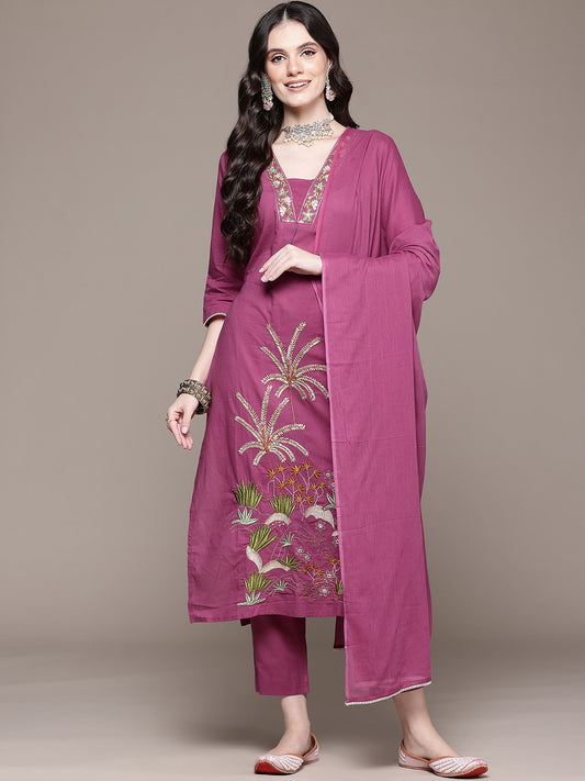 Elegant Pink Embroidered Kurta Pant Set with Dupatta for Women