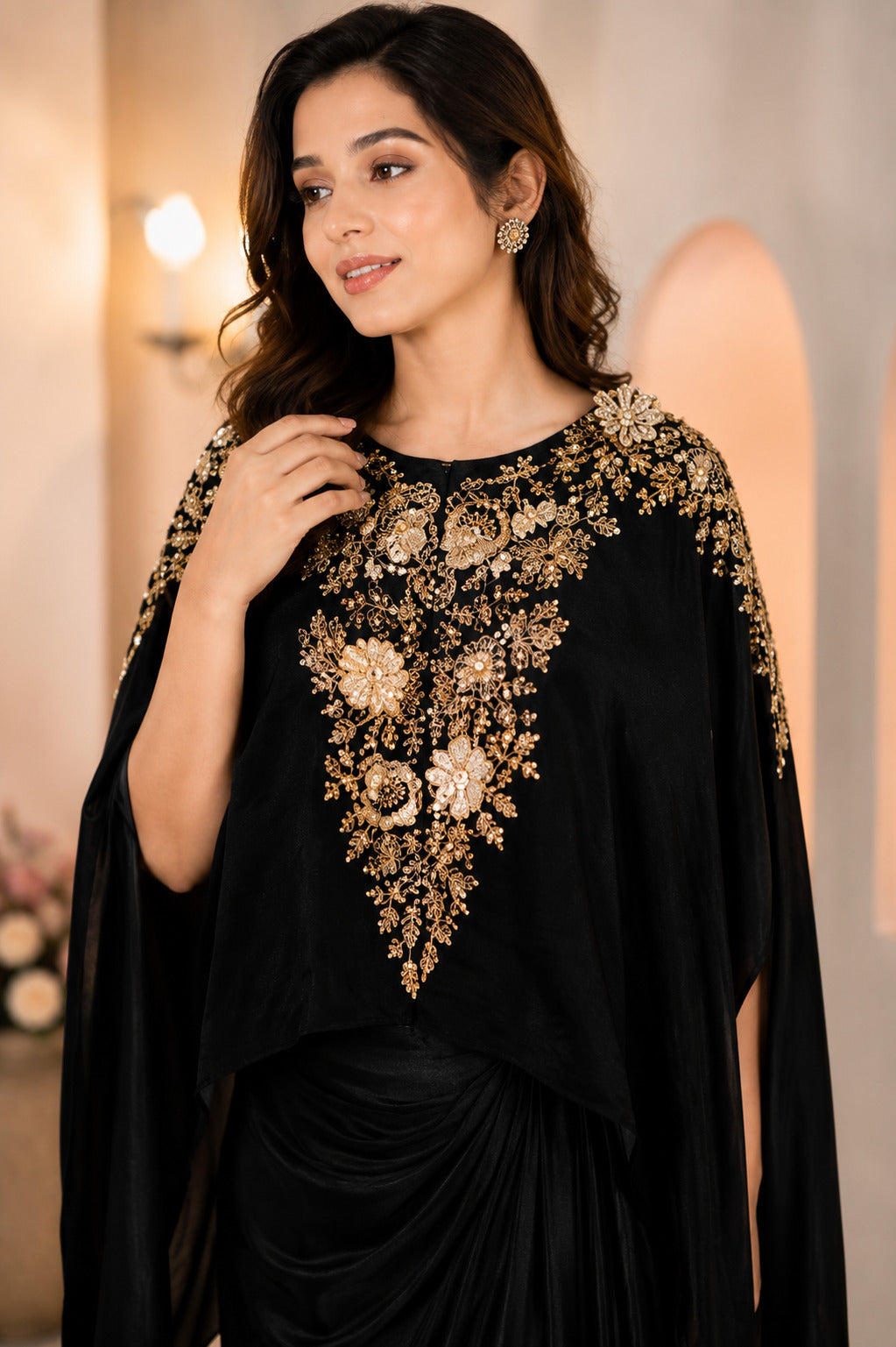Luxury Black Satin Kaftan Maxi Dress with Gold Embroidery