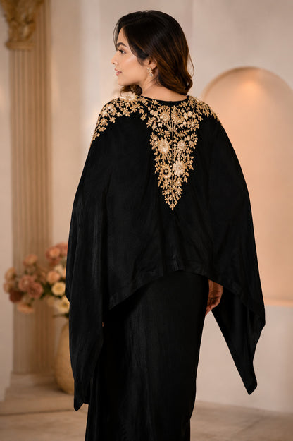Luxury Black Satin Kaftan Maxi Dress with Gold Embroidery
