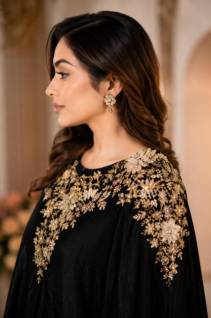Luxury Black Satin Kaftan Maxi Dress with Gold Embroidery