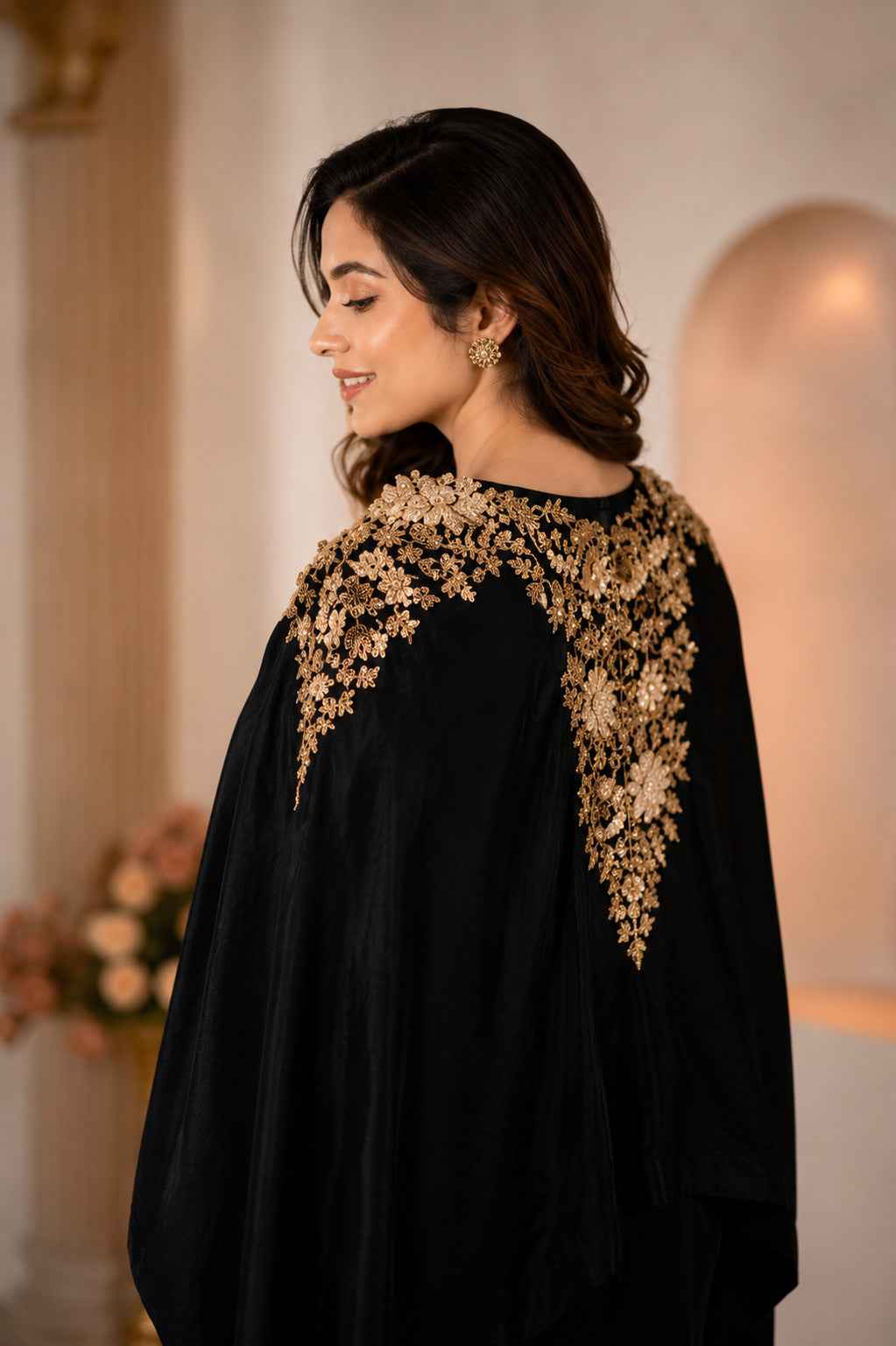 Luxury Black Satin Kaftan Maxi Dress with Gold Embroidery