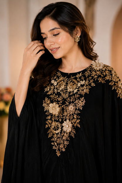 Luxury Black Satin Kaftan Maxi Dress with Gold Embroidery