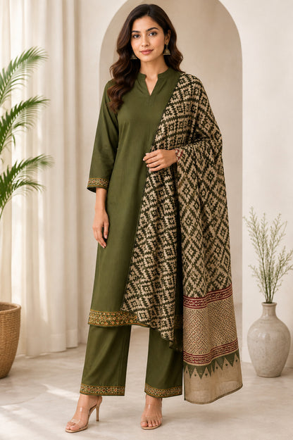 LA QAYARA Olive Green Ethnic Kurta Pant Set with Printed Dupatta