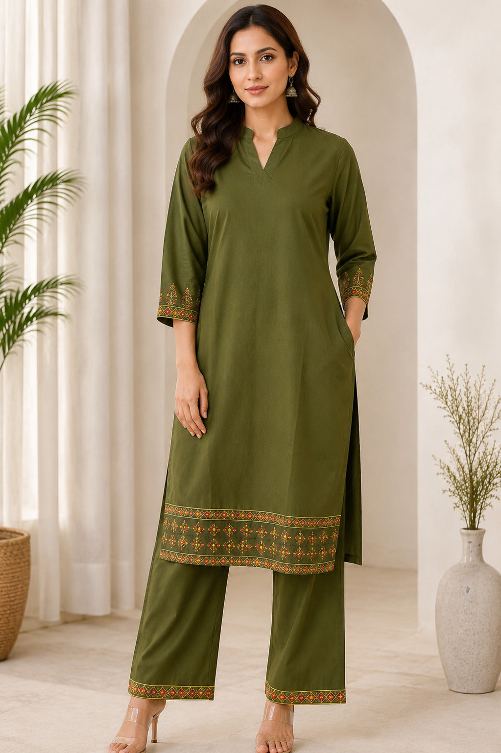 LA QAYARA Olive Green Ethnic Kurta Pant Set with Printed Dupatta