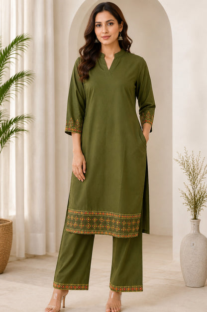 LA QAYARA Olive Green Ethnic Kurta Pant Set with Printed Dupatta
