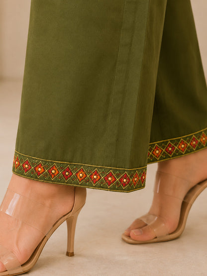 LA QAYARA Olive Green Ethnic Kurta Pant Set with Printed Dupatta