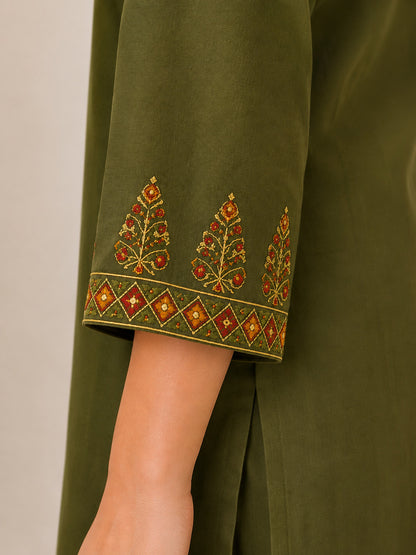LA QAYARA Olive Green Ethnic Kurta Pant Set with Printed Dupatta