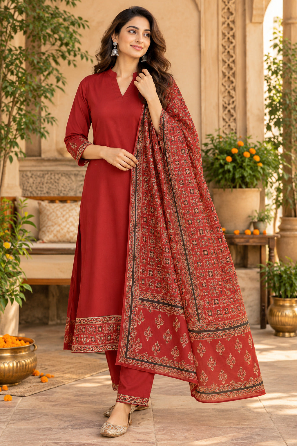 LA QAYARA Ruby Red Printed Dupatta Straight Kurta Pant Set