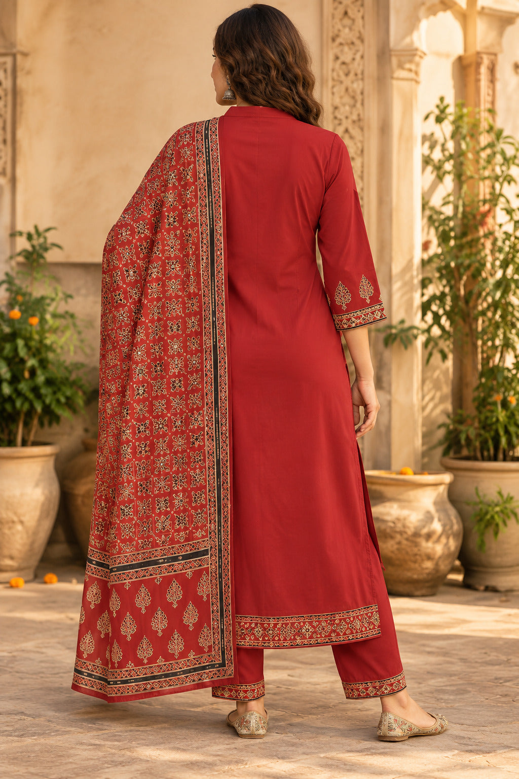 LA QAYARA Ruby Red Printed Dupatta Straight Kurta Pant Set
