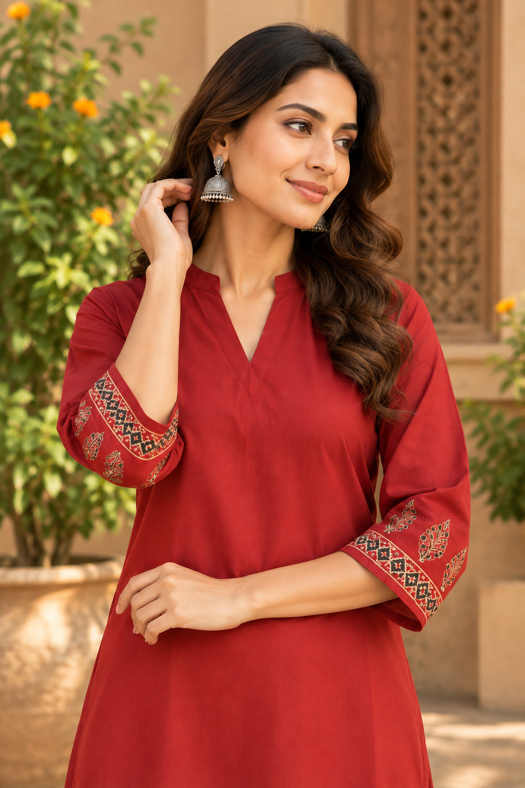 LA QAYARA Ruby Red Printed Dupatta Straight Kurta Pant Set