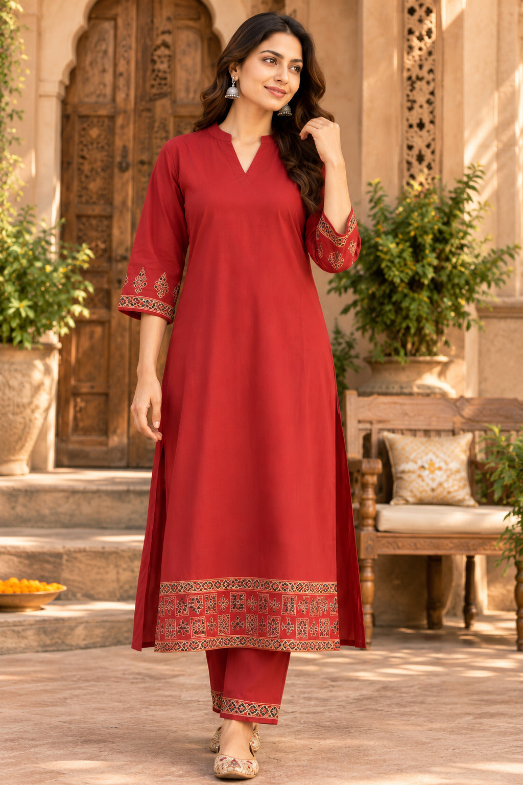 LA QAYARA Ruby Red Printed Dupatta Straight Kurta Pant Set