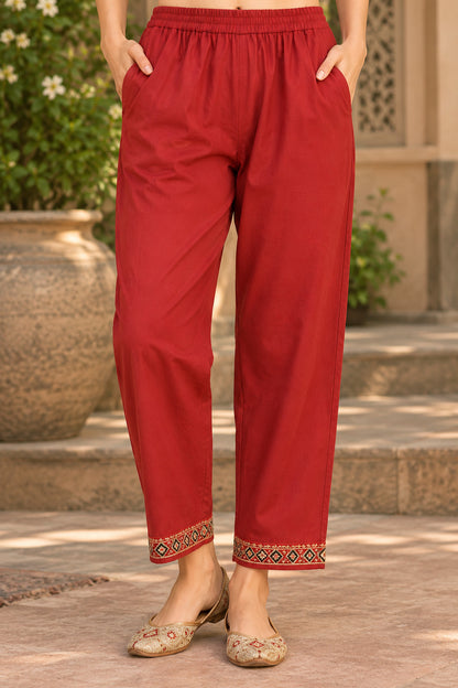 LA QAYARA Ruby Red Printed Dupatta Straight Kurta Pant Set