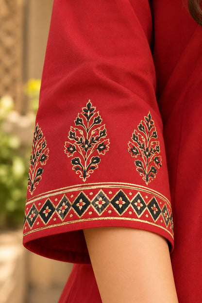 LA QAYARA Ruby Red Printed Dupatta Straight Kurta Pant Set
