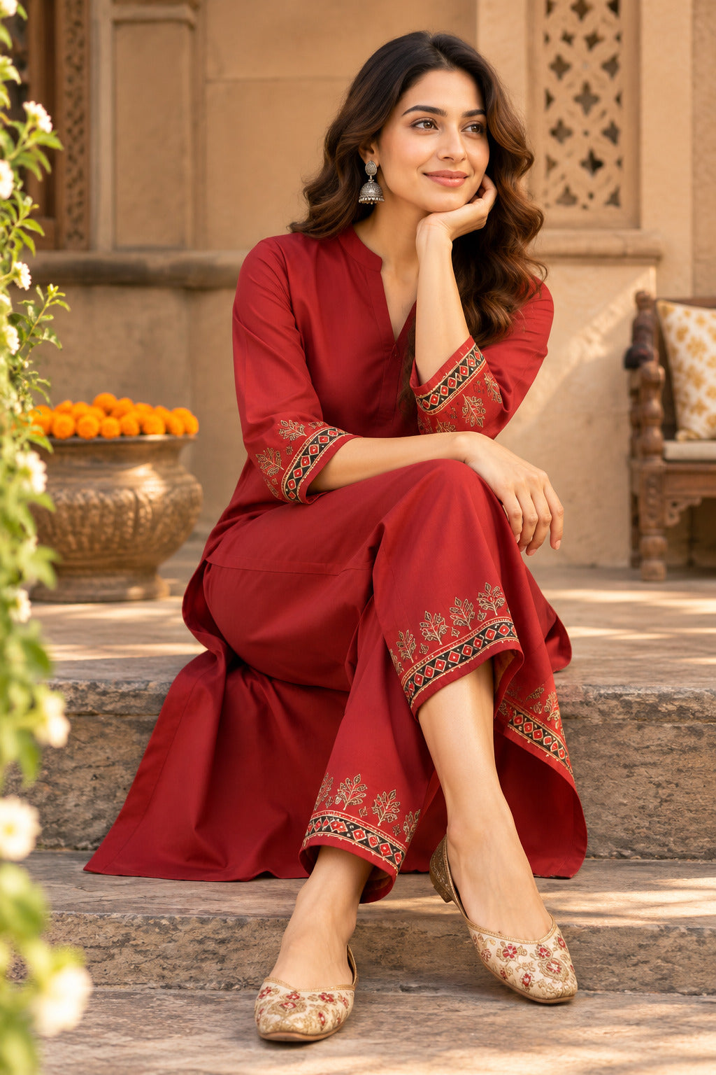 LA QAYARA Ruby Red Printed Dupatta Straight Kurta Pant Set