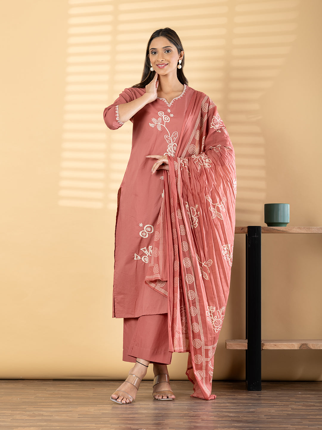 Dusty Rose Embroidered Kurta Set with Dupatta for Women