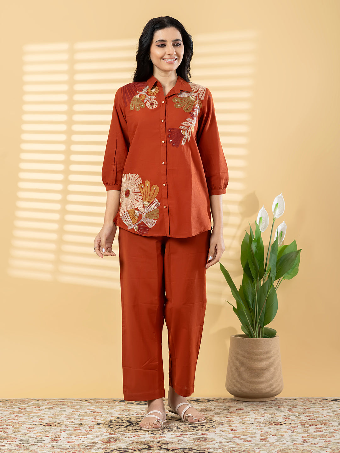 Rust Orange Embroidered Kurta Pant Set for Women with Floral Detailing