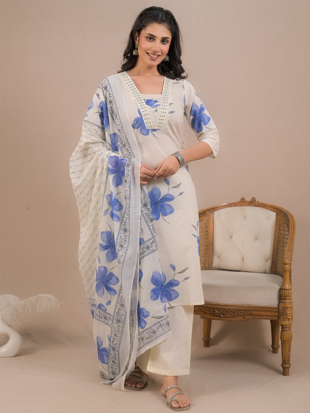 Women’s Off-White Floral Kurta Set with Dupatta | Blue Printed Ethnic Suit