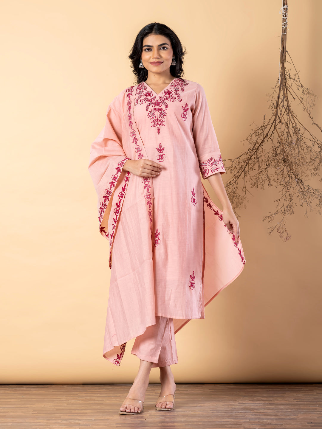 Women’s Peach Embroidered Kurta Set with Dupatta & Pants