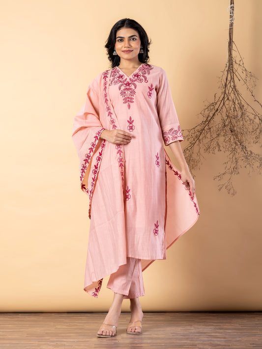 Women’s Peach Embroidered Kurta Set with Dupatta & Pants