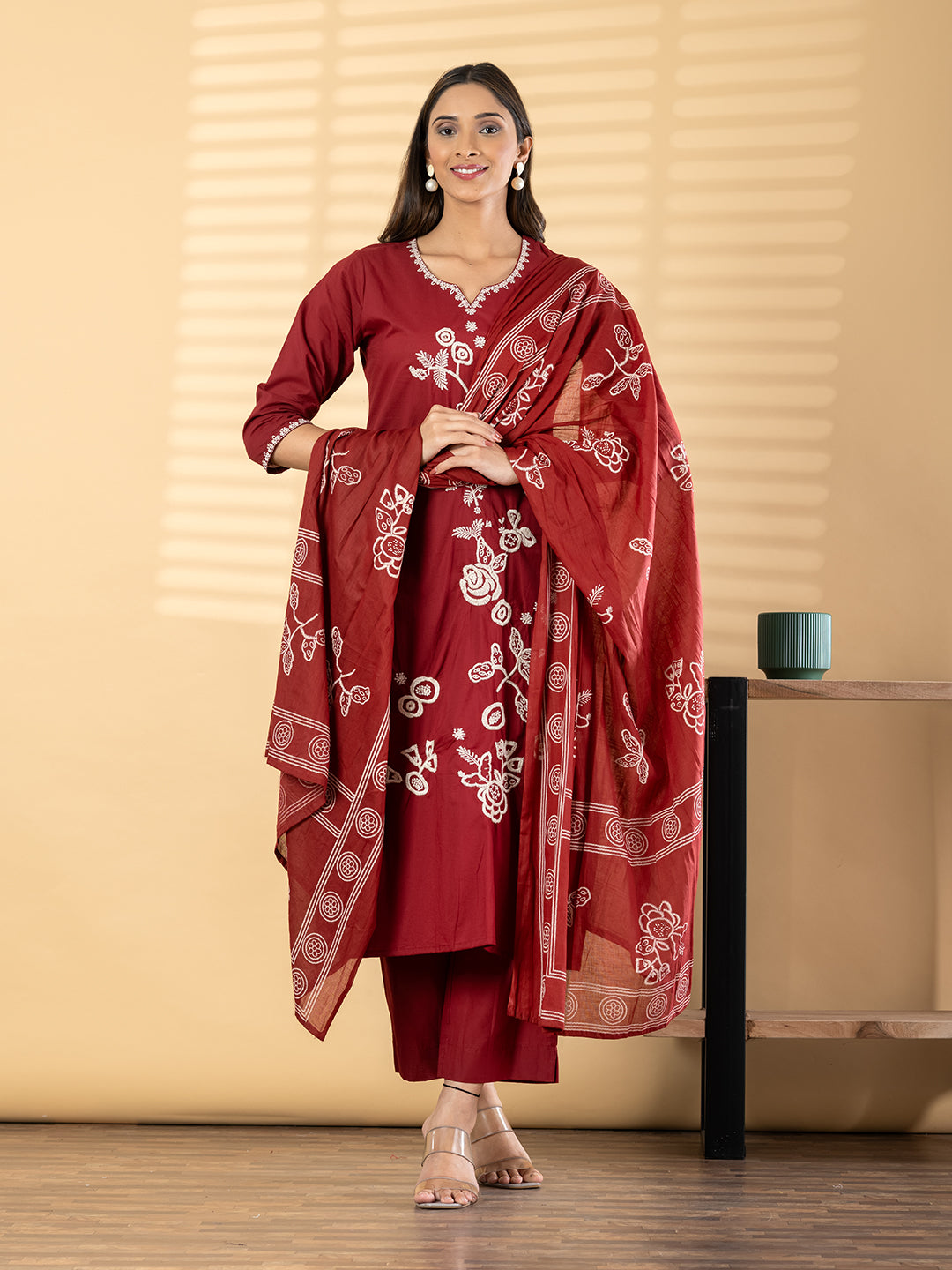 Red Embroidered Kurta Set with Dupatta for Women