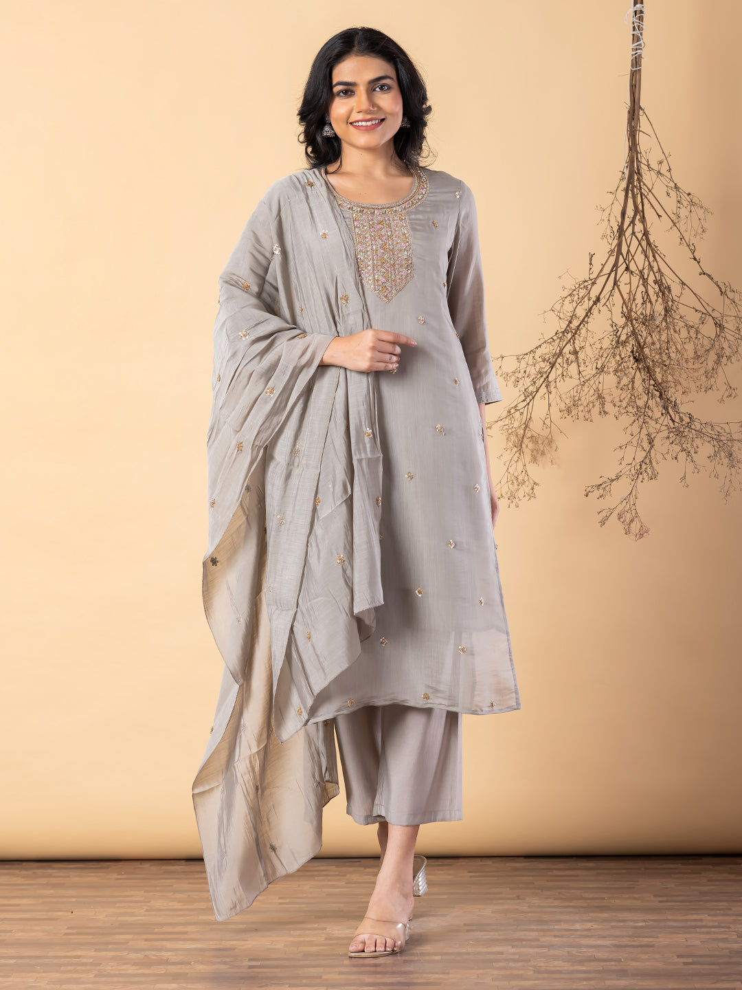 Women’s Grey Embroidered Kurta Set with Dupatta & Pants