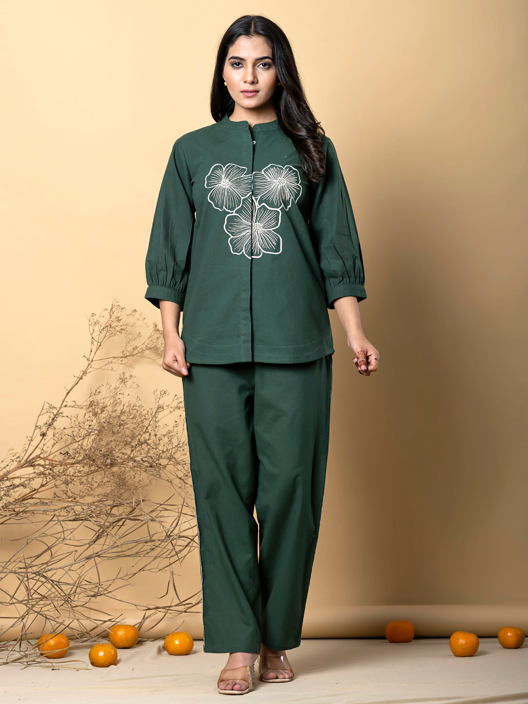 Women’s Forest Green Embroidered Co-Ord Set with Floral Motif