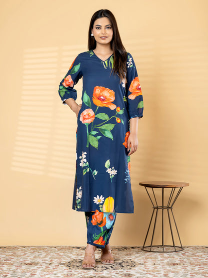 Women’s Navy Blue Floral Printed Kurta Set with Pants – Ethnic Wear