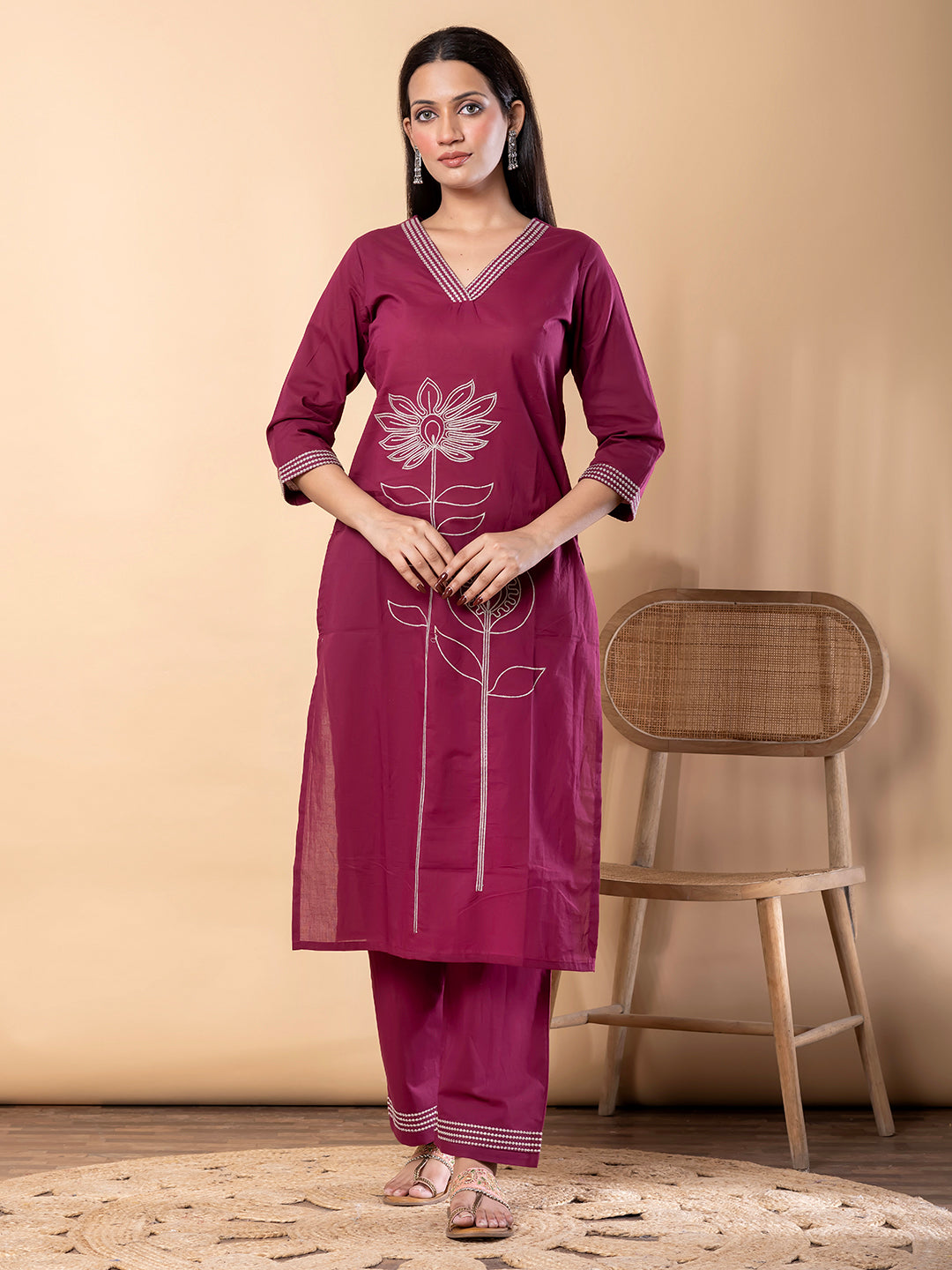 Women’s Maroon Kurta Set with Embroidery & Pants – Ethnic Wear