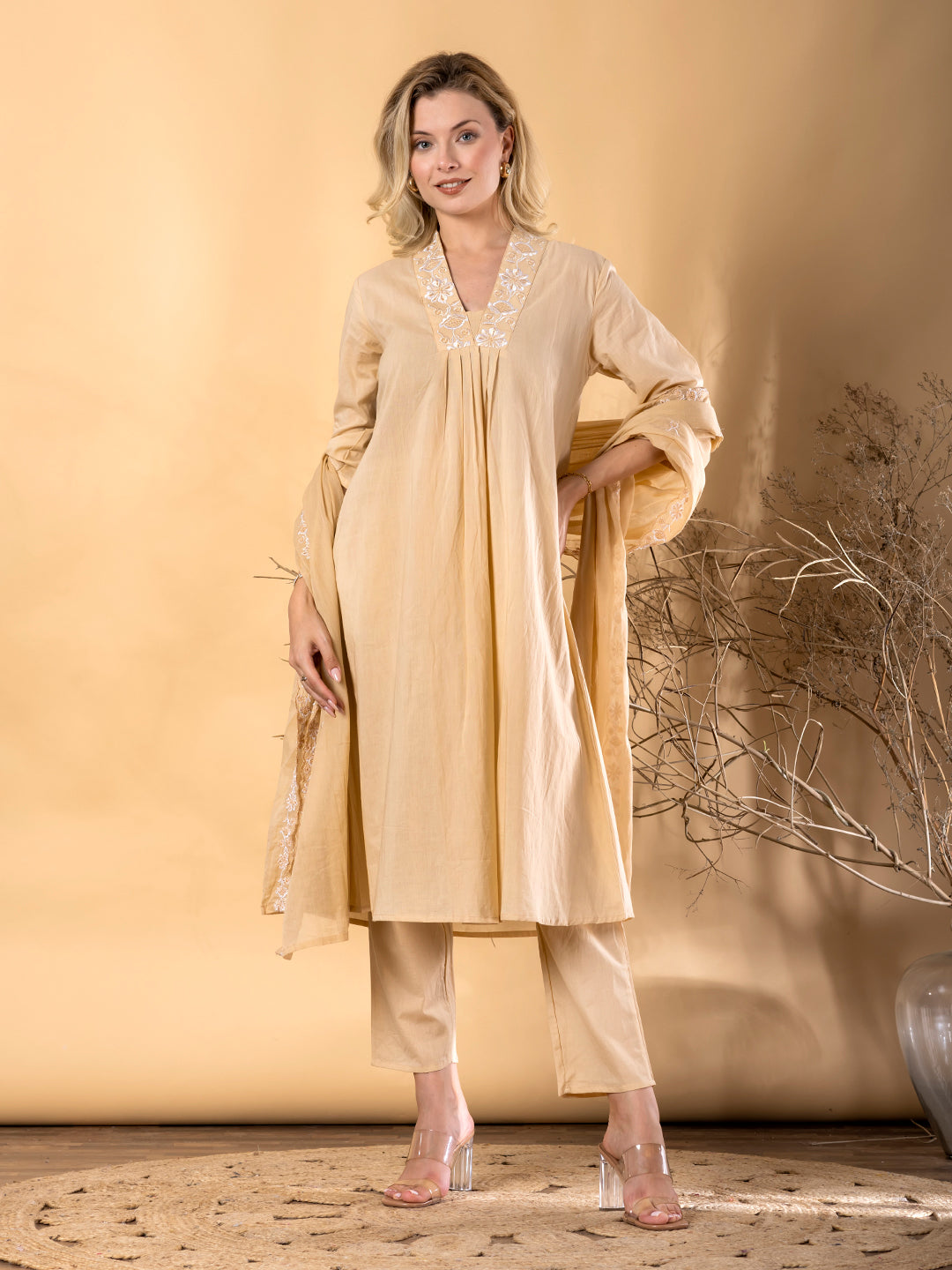Women’s Beige Embroidered Cotton Kurta Set with Dupatta – Elegant Ethnic Wear