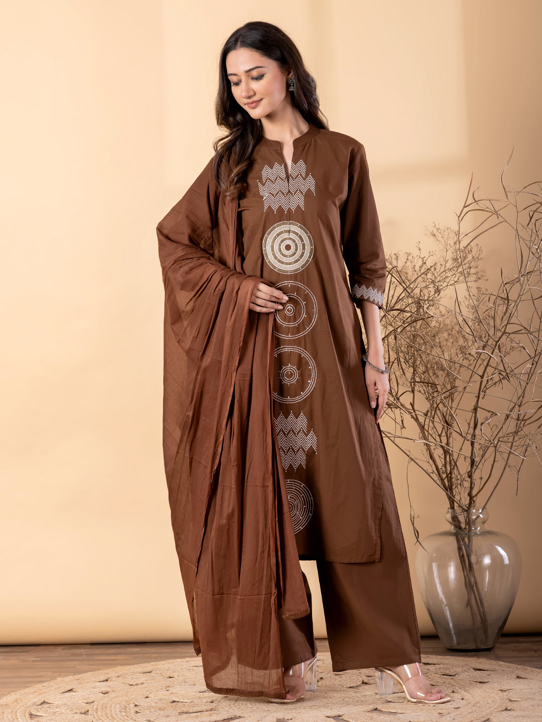 Women’s Brown Kurta Set with Dupatta & Embroidery – Ethnic Wear