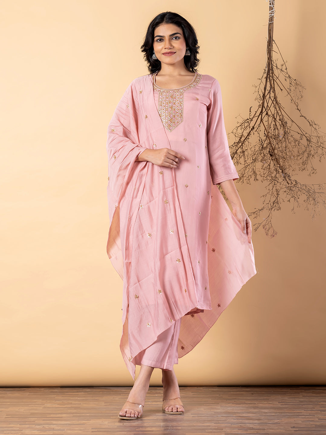 Women’s Pink Embellished Kurta Set with Dupatta & Pants