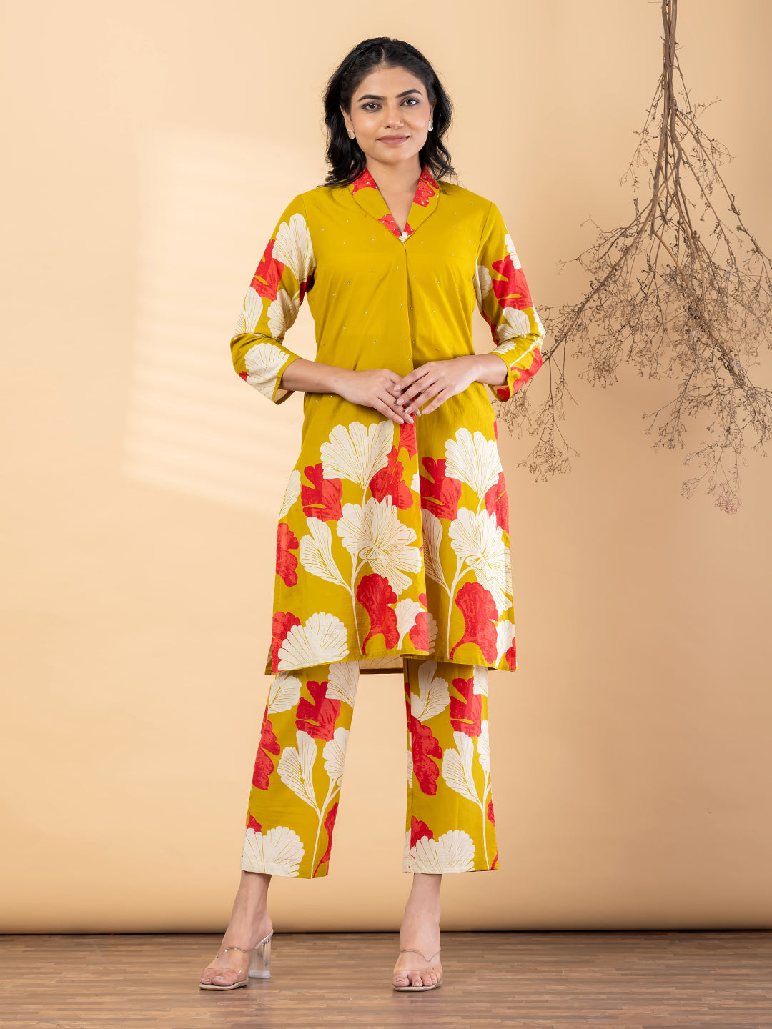 Mustard Yellow Floral Printed Kurta Pant Set for Women