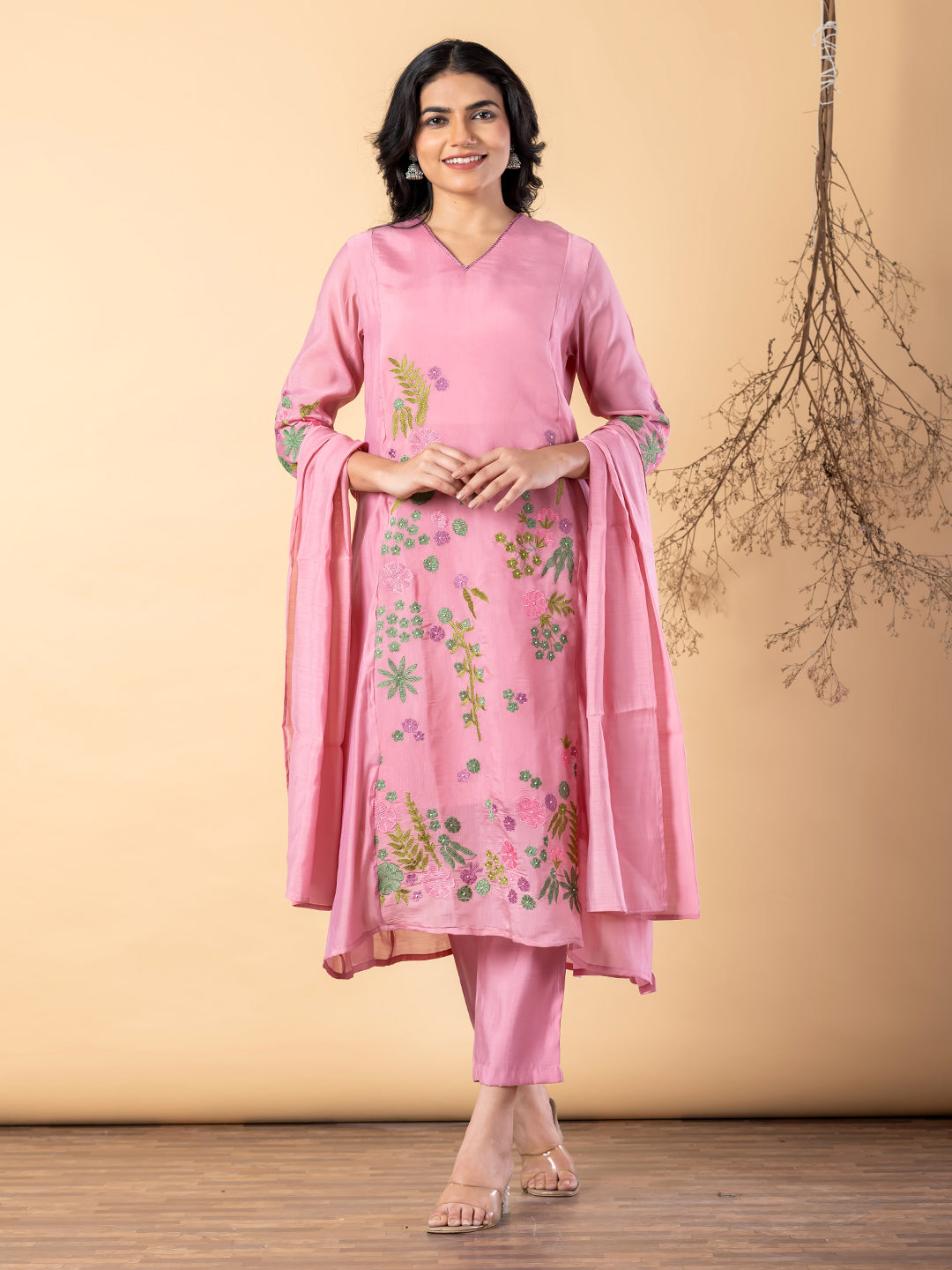 Women’s Pink Embroidered Kurta Set with Dupatta & Pants