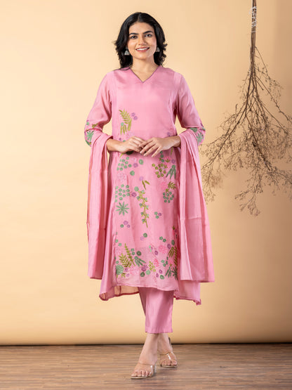 Women’s Pink Embroidered Kurta Set with Dupatta & Pants
