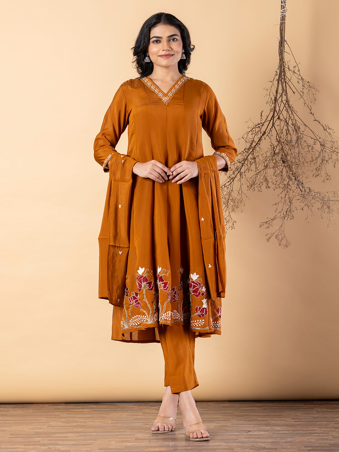 Women’s Mustard Kurta Set with Dupatta & Floral Embroidery