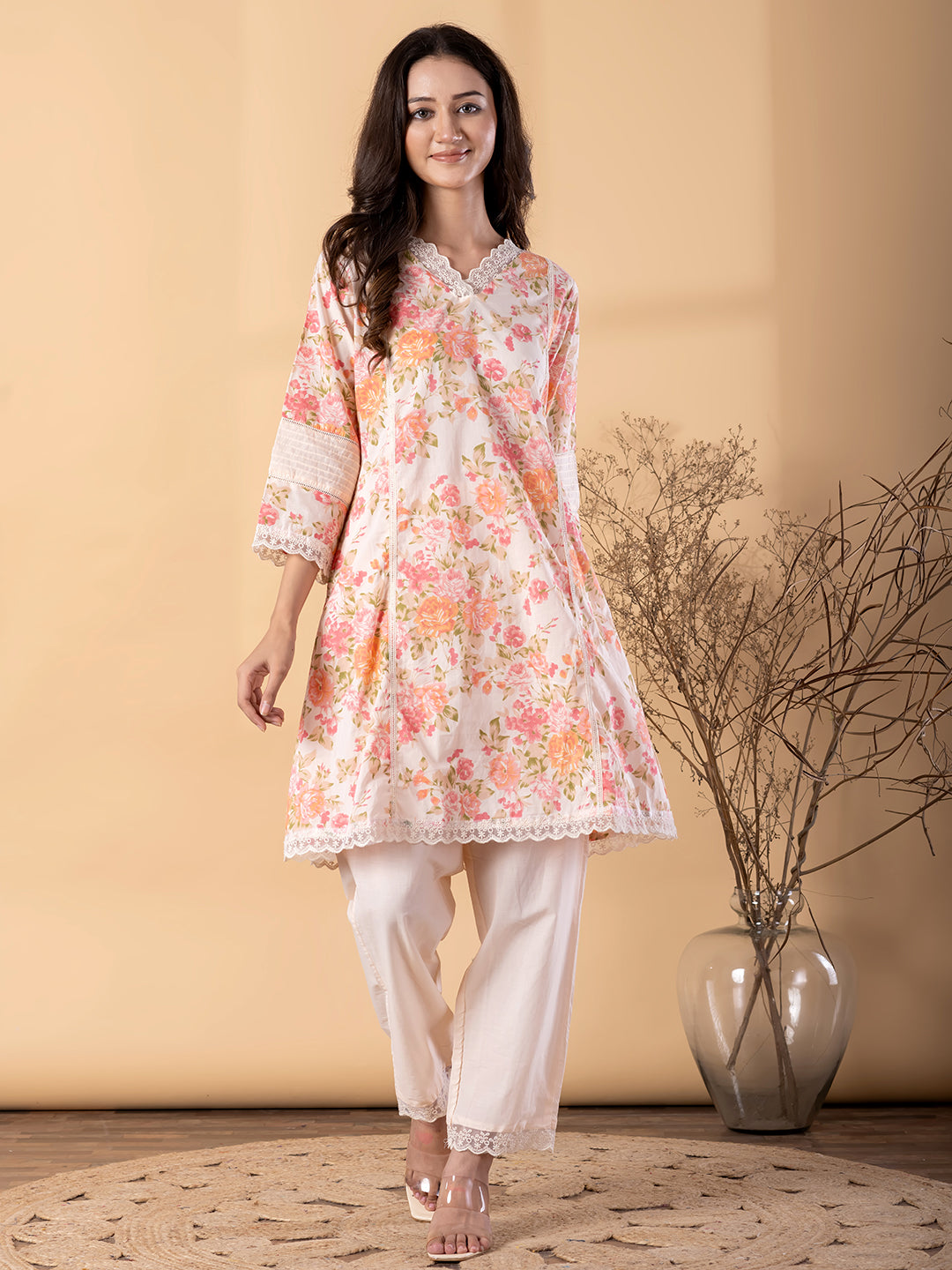 Women’s Cream Floral Printed Kurta Set with Pants – Ethnic Wear