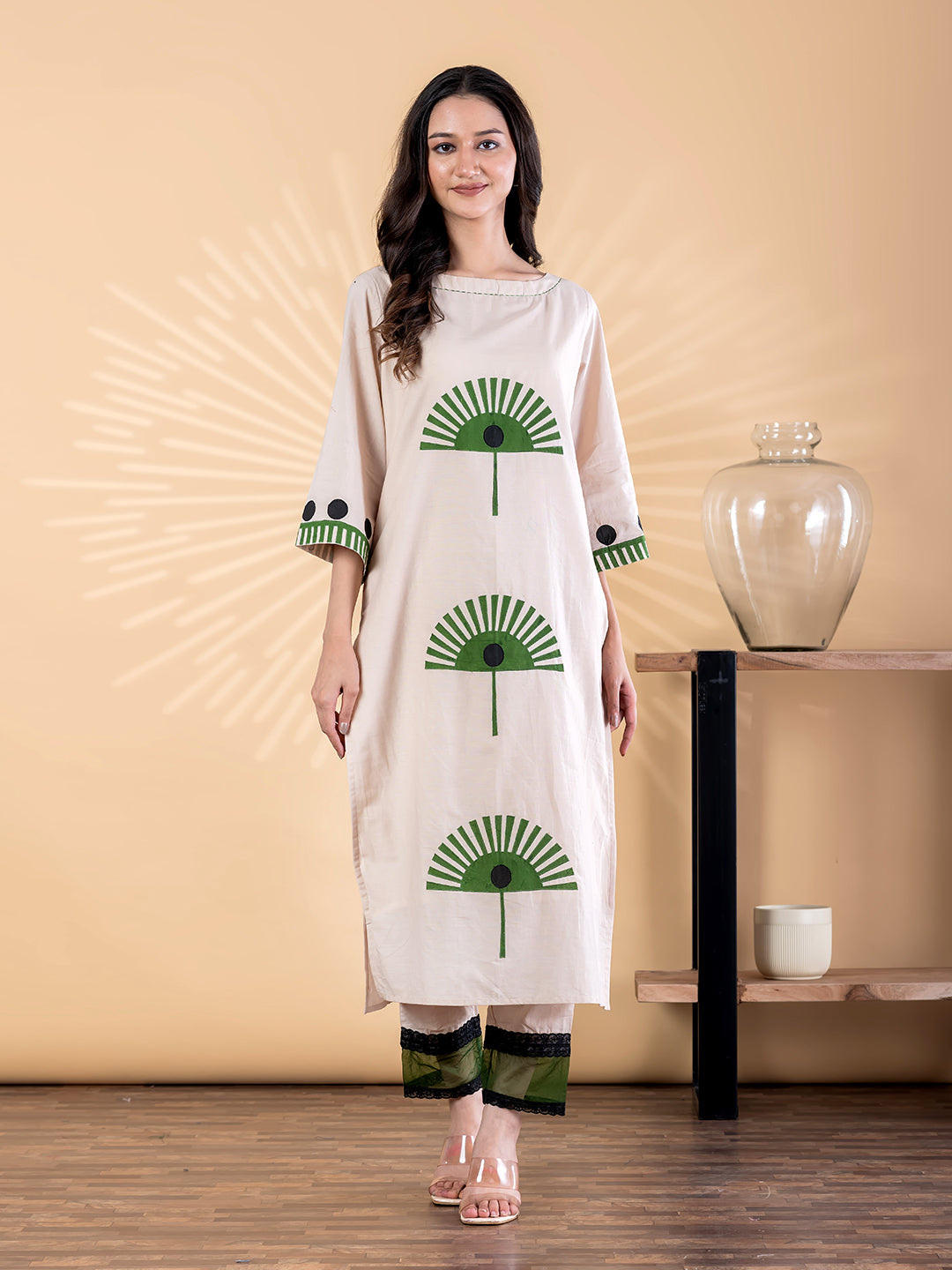 Beige Printed Kurta Pant Set for Women with Green Motif Design